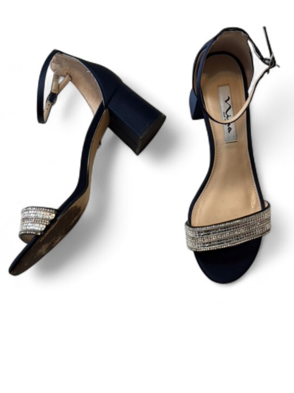 Nina "Elenora" Navy Satin Crystal Embellished Block Heel Sandals, Women's Size 8